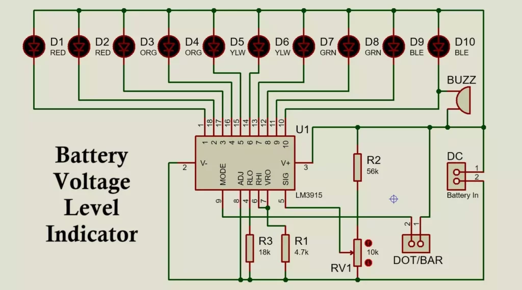 LM3915 Battery Voltage Level Indicator Circuit Diagram