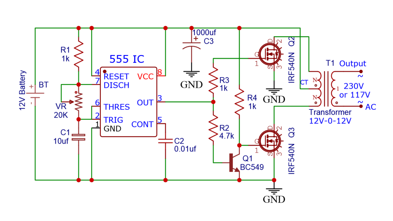 12V to 230V Circuit 555 timer IC » Inverters