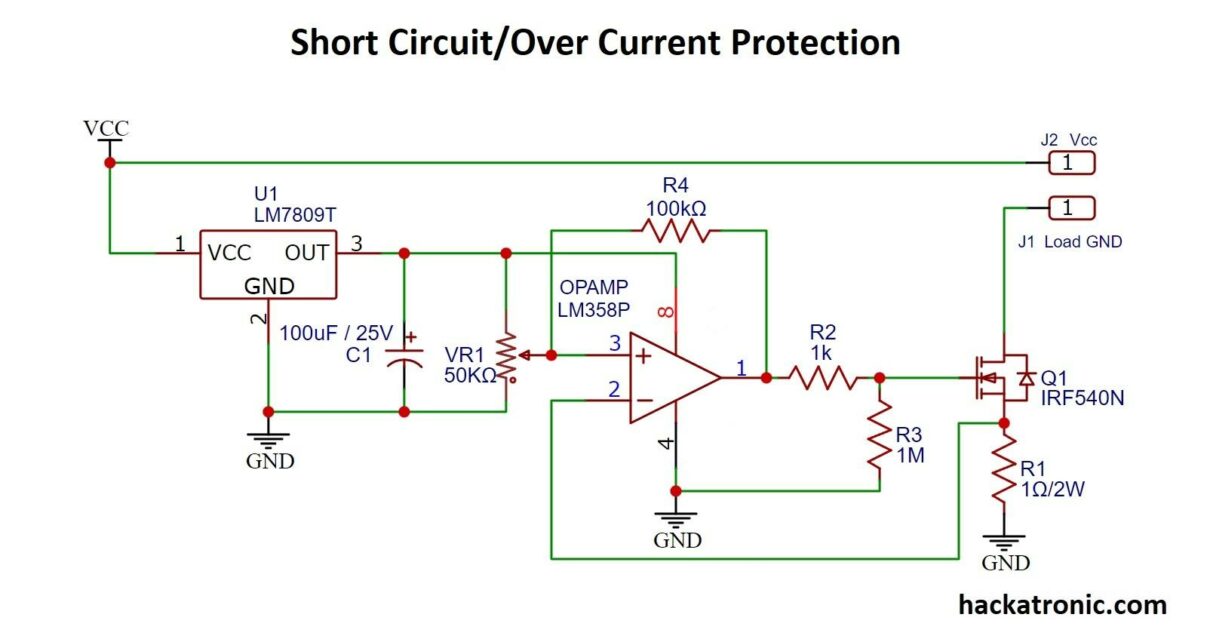 Short circuit protection using LM358 OPAMP