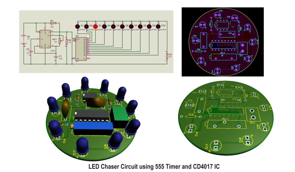 LED Chaser Circuit using 555 Timer and CD4017 IC