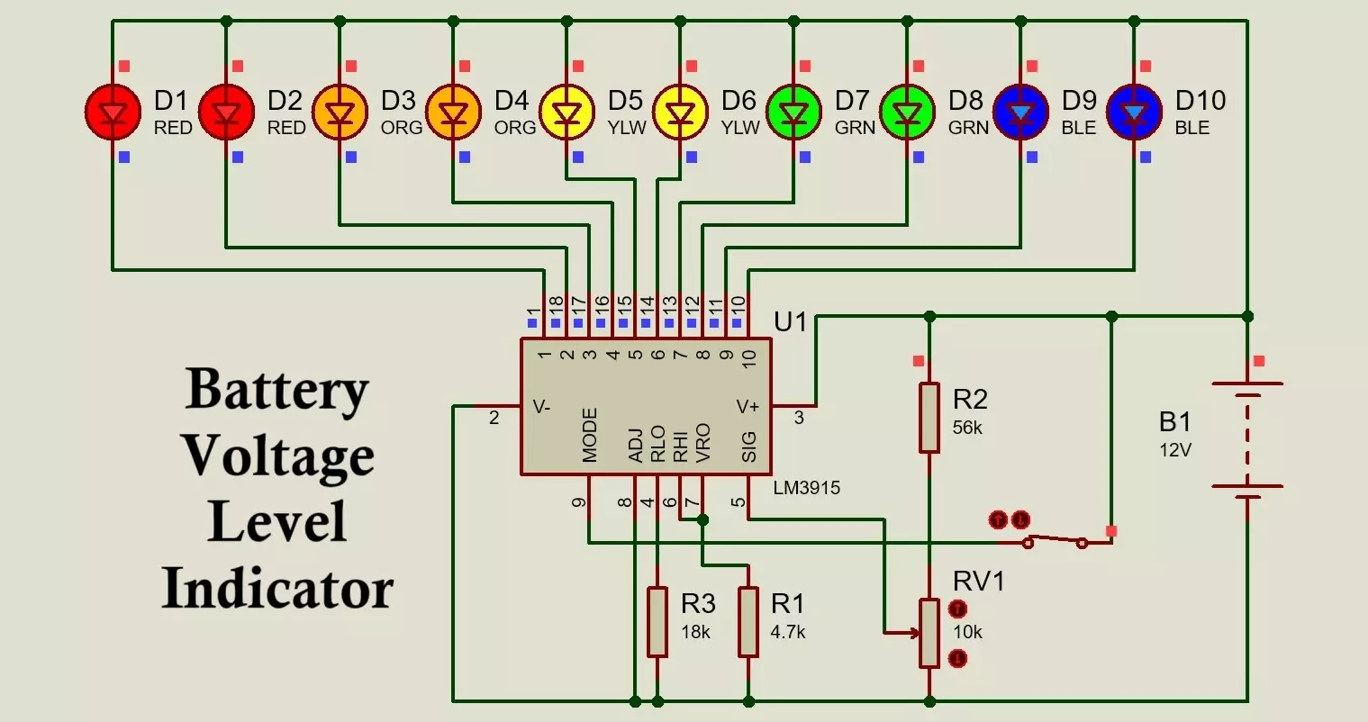 LM3915 LED Battery Voltage Level Indicator Circuit Diagram