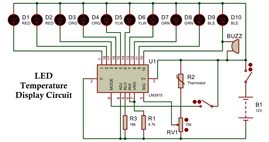 LED Temperature Display Circuit with LM3915 IC
